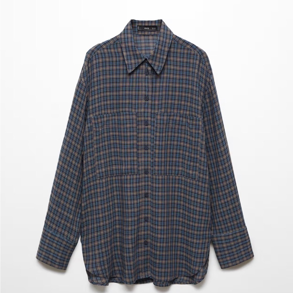 Mango Blue and Brown Plaid Button-Down Shirt